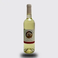 Bottle of white wine with a dog label, standing upright on a white background