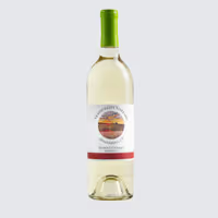 Bottle of white wine with a green cap and a white label on a plain background