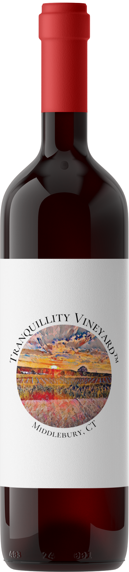 A bottle of wine with a white label and a red cap