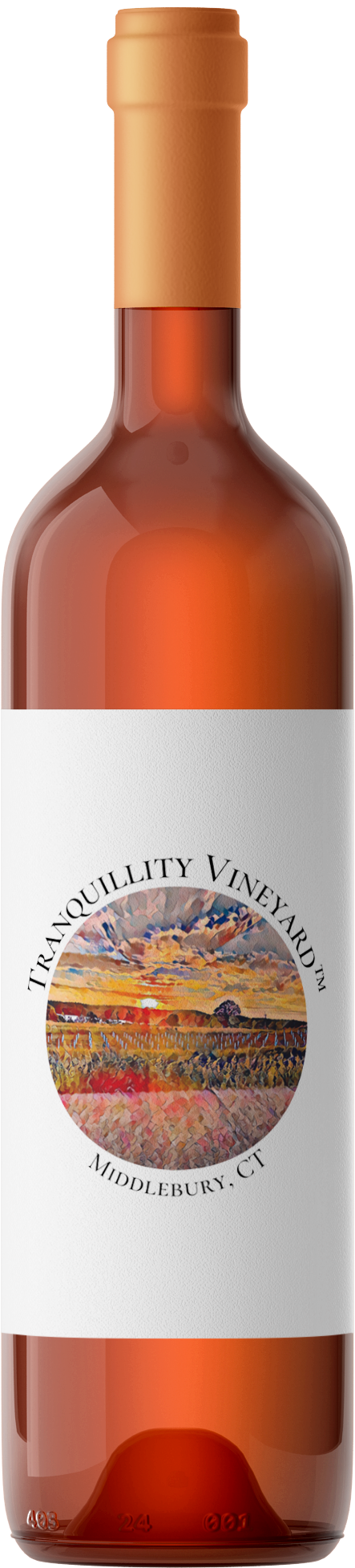 A bottle of wine with a white label and a orange cap