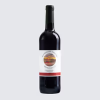 Dark wine bottle with a white label and red band on a light background