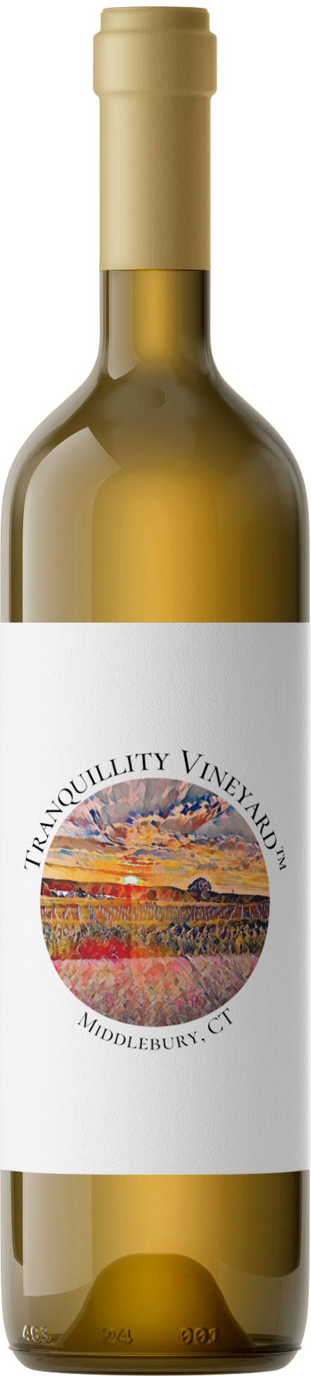 A bottle of wine with a white label and a gold cap