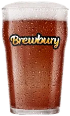 A frosty pint glass of amber beer with the Brewbury logo and foam on top