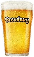 Pint of golden beer with foamy head and Brewbury logo on the glass
