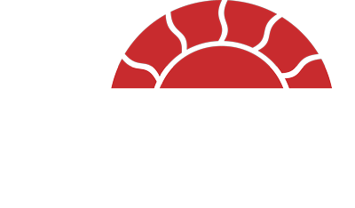 Red semicircle with white curved lines, resembling a stylized sun or fan.