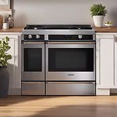 Stainless steel gas range in a kitchen setting with oven and storage drawer.