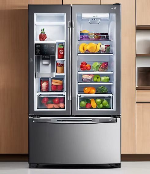 A stainless steel, French door refrigerator with glass door panels, stocked with fresh fruit and vegetables.