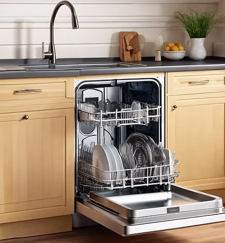 A stainless steel dishwasher with an open door is built into light-wood kitchen cabinetry below a dark countertop.