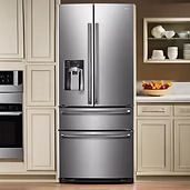 Stainless steel refrigerator in a kitchen with light-colored cabinets and a built-in oven.