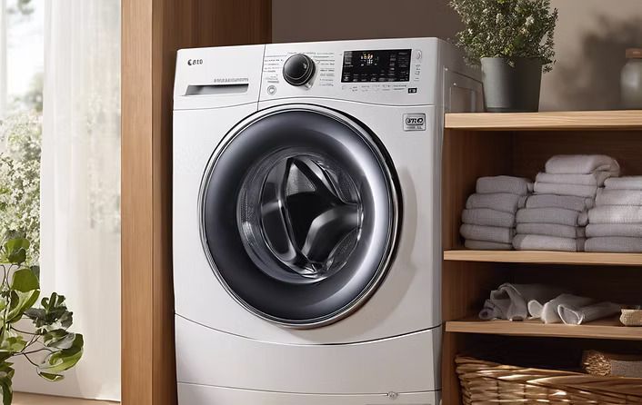 White front-load washing machine next to a shelf with neatly stacked towels in a bright room.