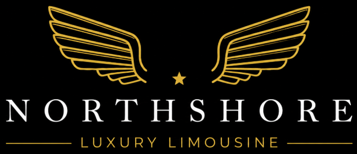 Northshore Luxury Limousine logo with gold wings and text on a black background