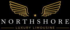 Northshore Luxury Limousine logo with gold wings and text on a black background