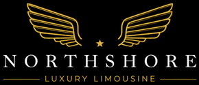 Northshore Luxury Limousine logo with gold wings and text on a black background