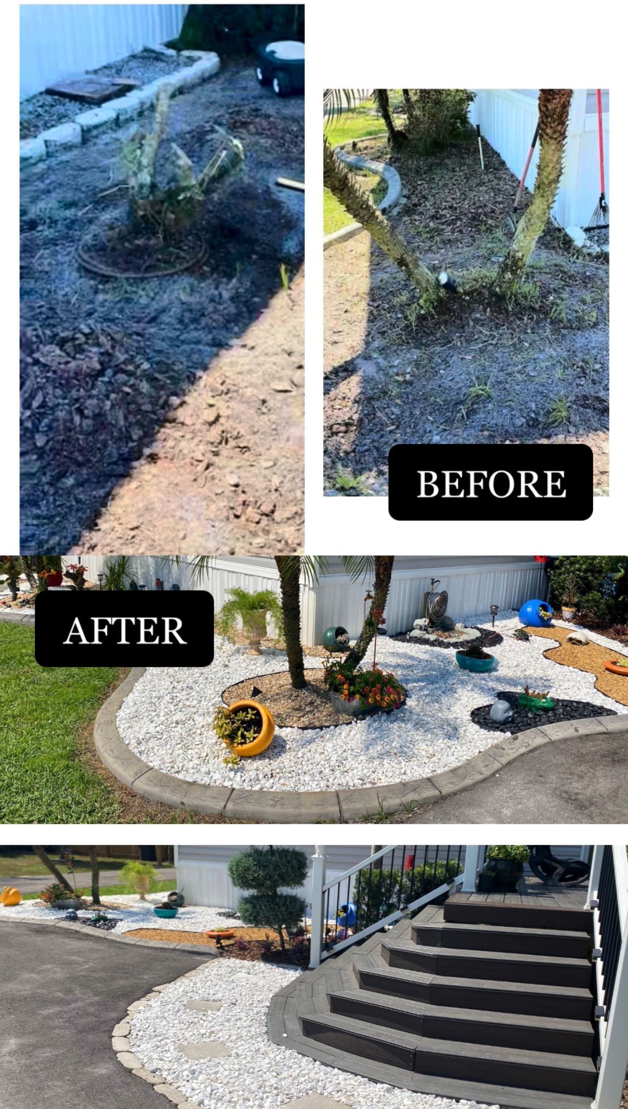 A before and after picture of a garden with gravel and stairs.