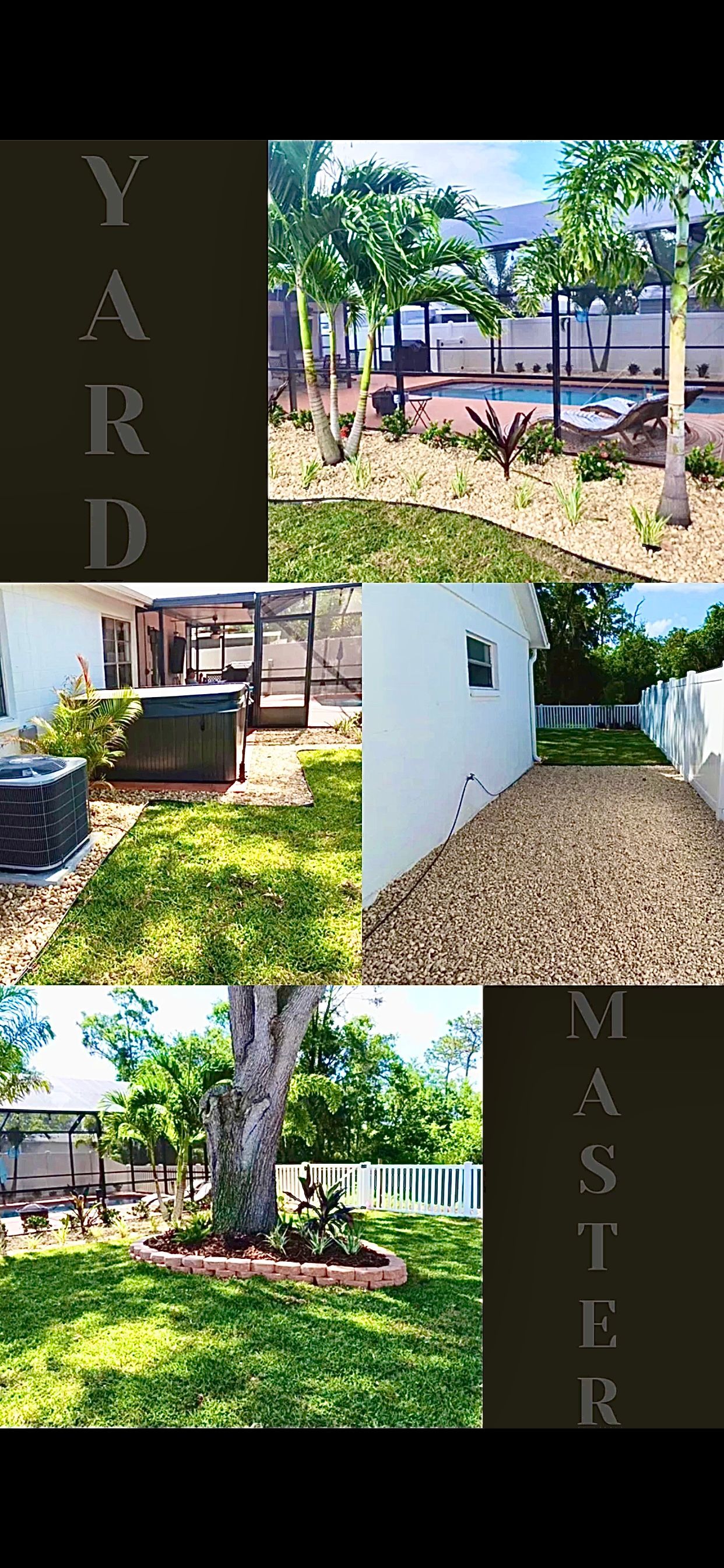 A collage of pictures of a lush green yard with a house in the background.