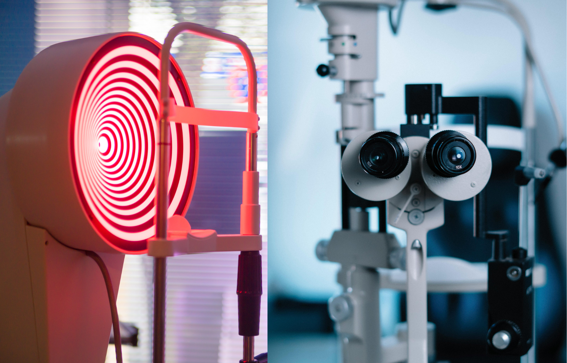 Dois aparelhos para exame oftalmológico: um topógrafo corneano com padrão de anéis vermelhos e brancos e uma lâmpada de fenda binocular.