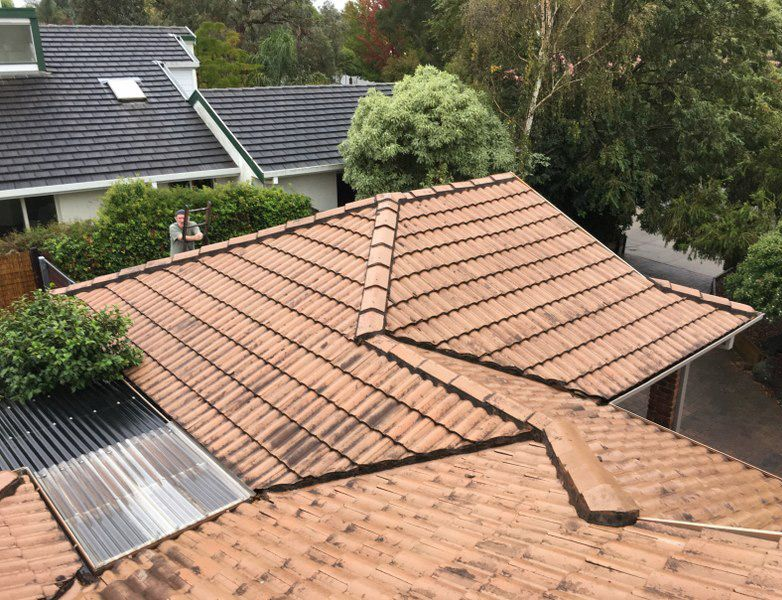 Brown tiled roof of a house, with clear corrugated roofing on the side.
