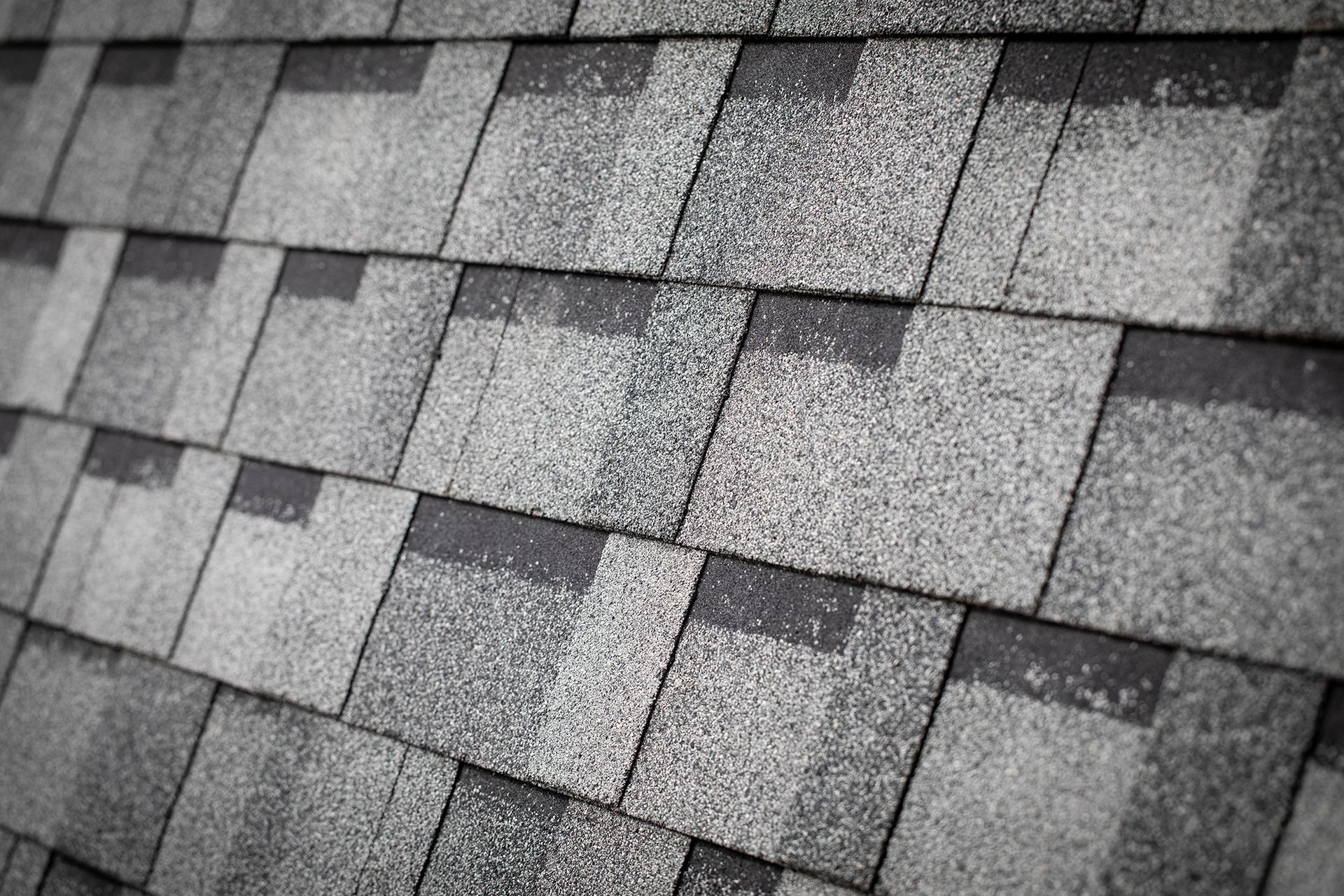 Close-up view of gray asphalt roof shingles.