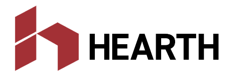 Logo of the company Hearth. Red abstract house symbol to the left of the black text 