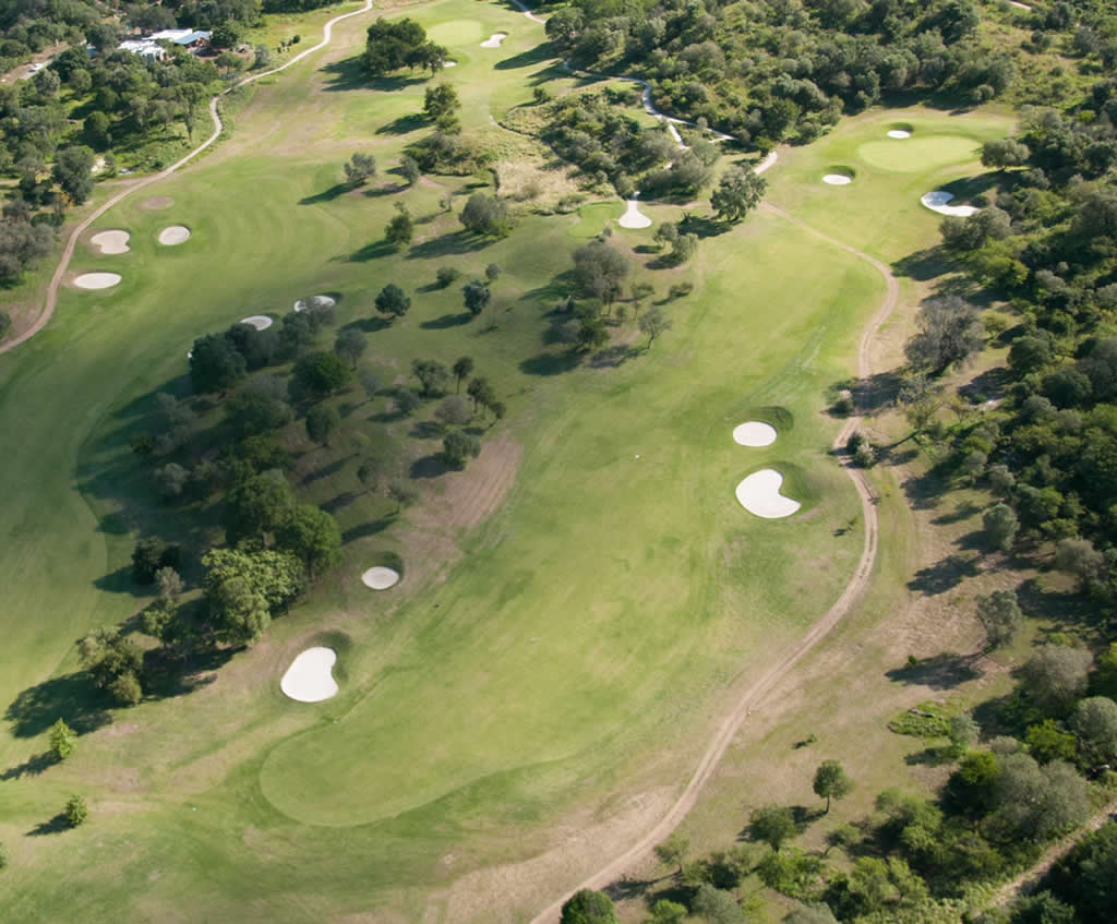 Una vista aérea de un campo de golf rodeado de árboles.