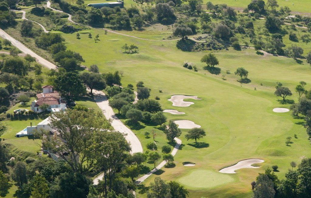 Una vista aérea de un campo de golf con árboles y una casa al fondo.