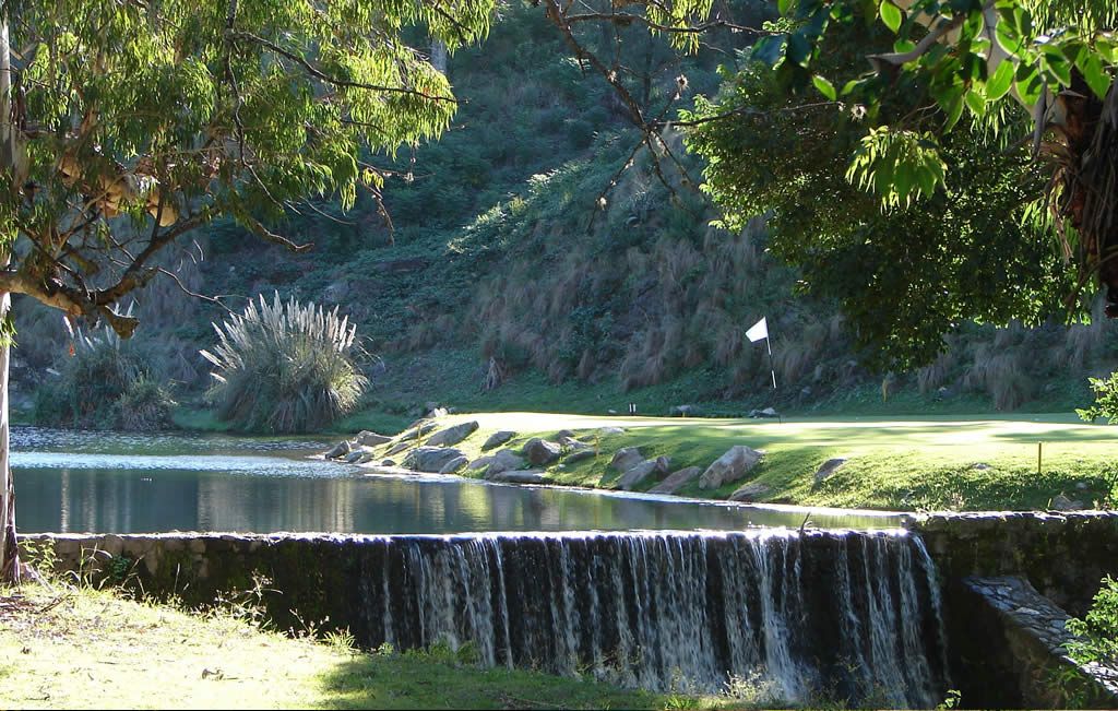 Una cascada está rodeada de árboles y pasto cerca de un lago.