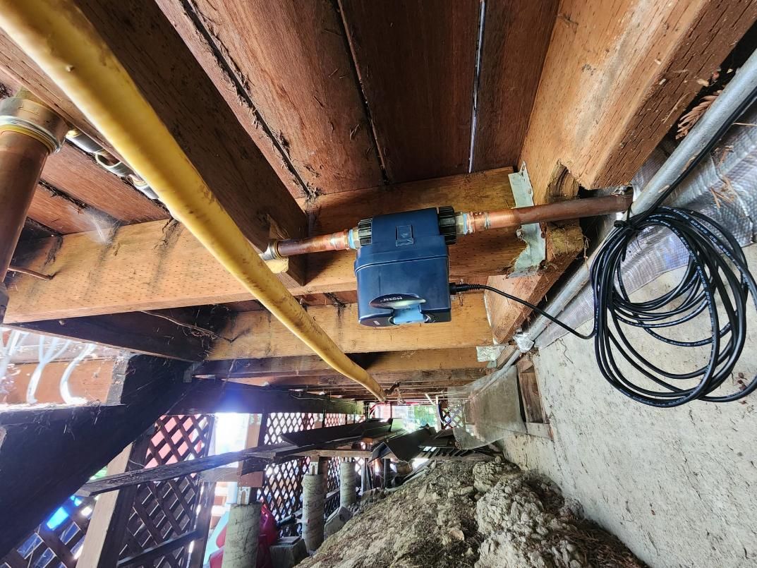 Blue electrical box mounted under wooden beams, with cables and rough concrete wall nearby