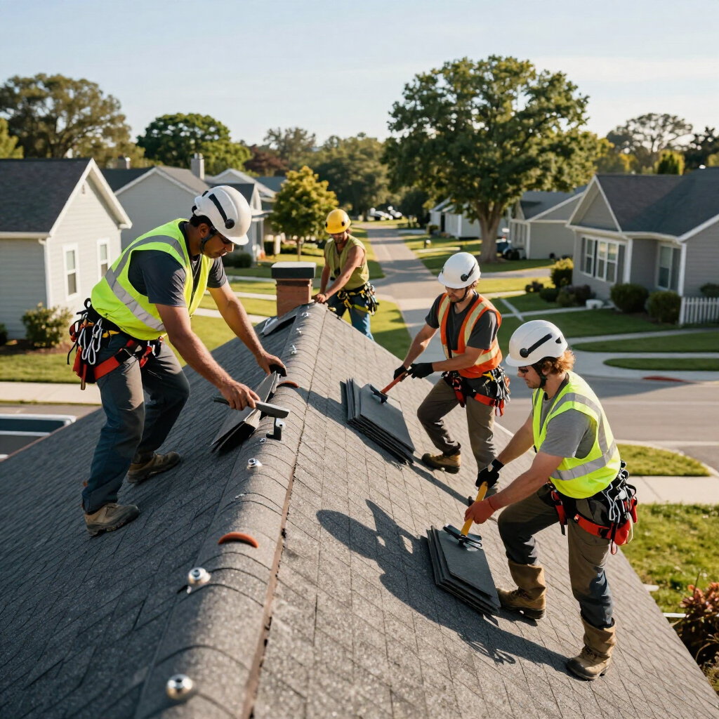 Four construction workers in safety gear and hard hats installing solar panels on a suburban residential roof.