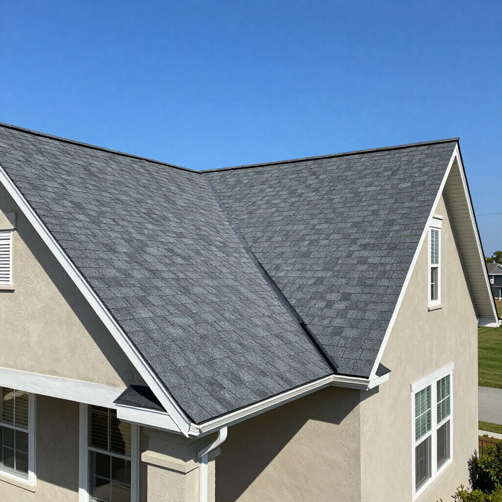 A side view of a house exterior with light tan stucco walls, white trim, and a grey shingled roof under a clear blue sky.