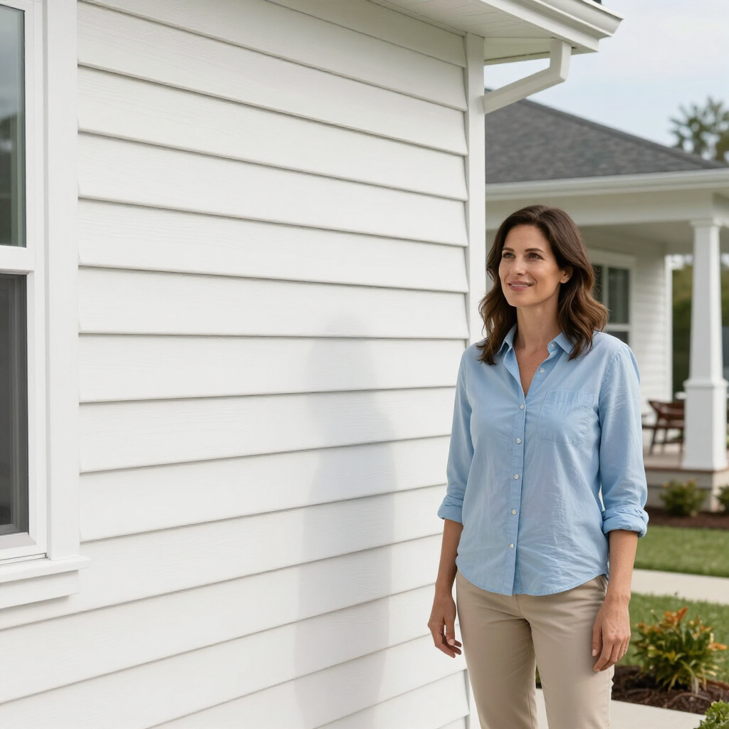 A smiling person stands outside next to the white horizontal siding of a house.
