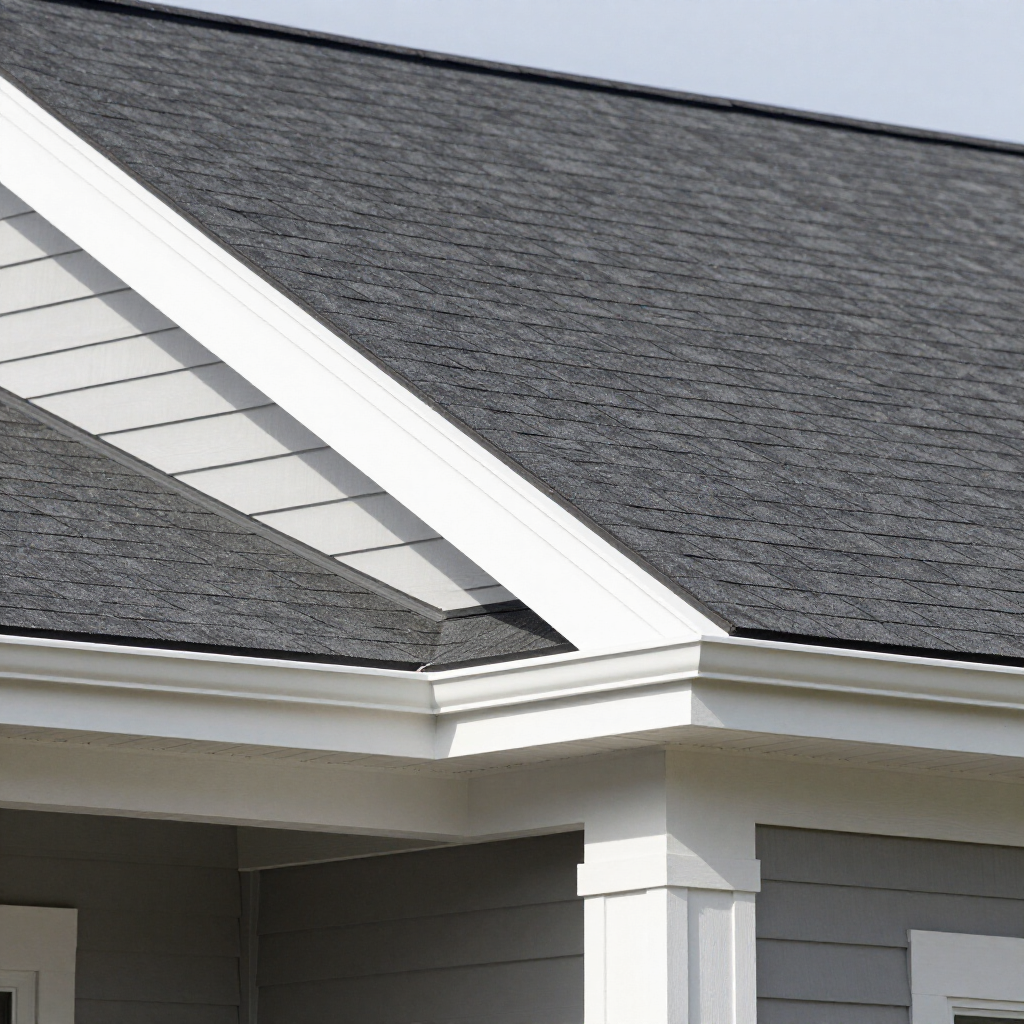 Close-up of a house exterior showing a dark shingled roof, white trim, gutters, and gray siding.