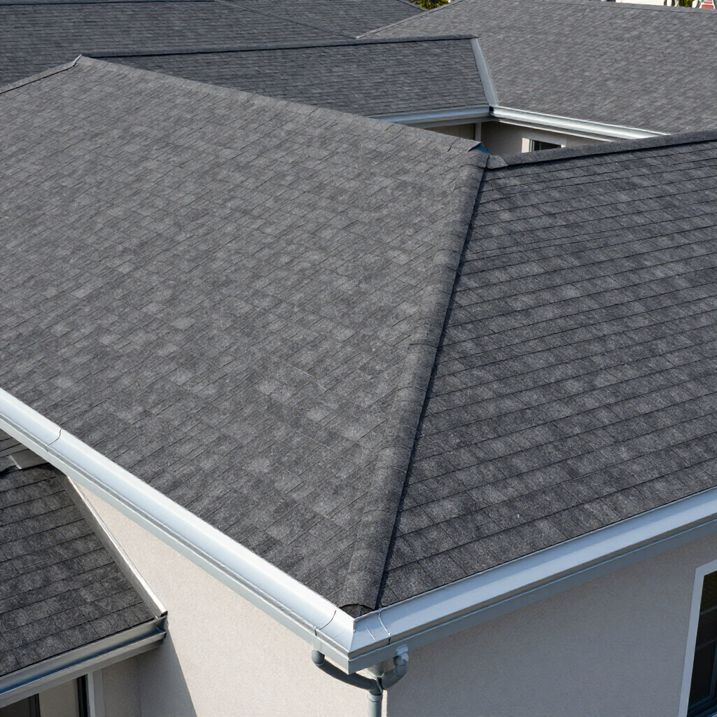 High-angle view of a gray shingled residential roof with metal gutters and white siding.