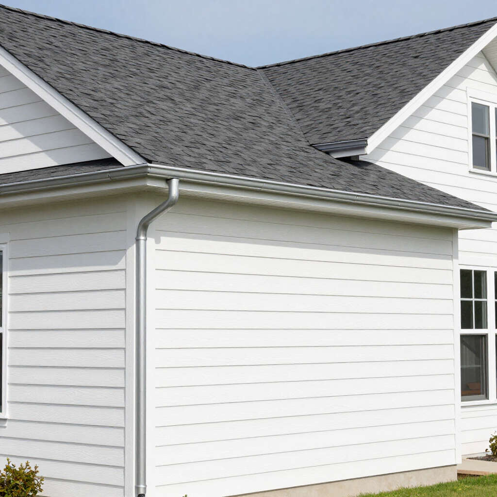 Exterior corner of a white house with horizontal siding, dark grey shingles, and a grey downspout.