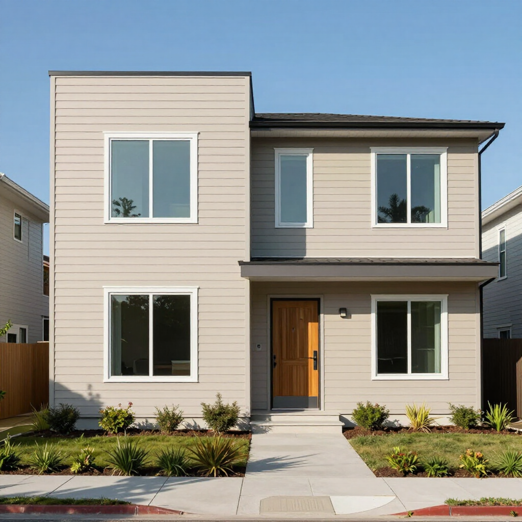 A two-story, modern tan house with horizontal siding, a wooden front door, and a concrete path in a residential area.