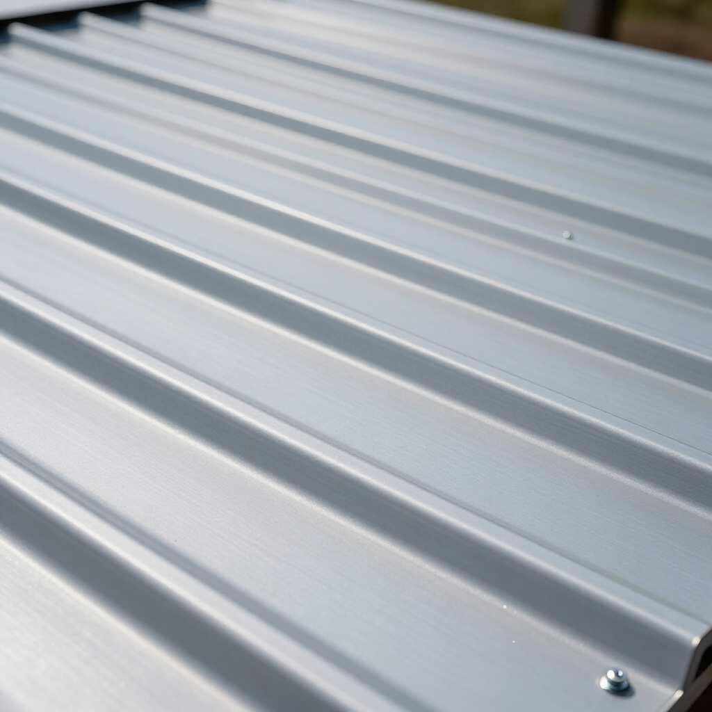 A close-up of a silver, corrugated metal roofing sheet with a single visible screw securing it.