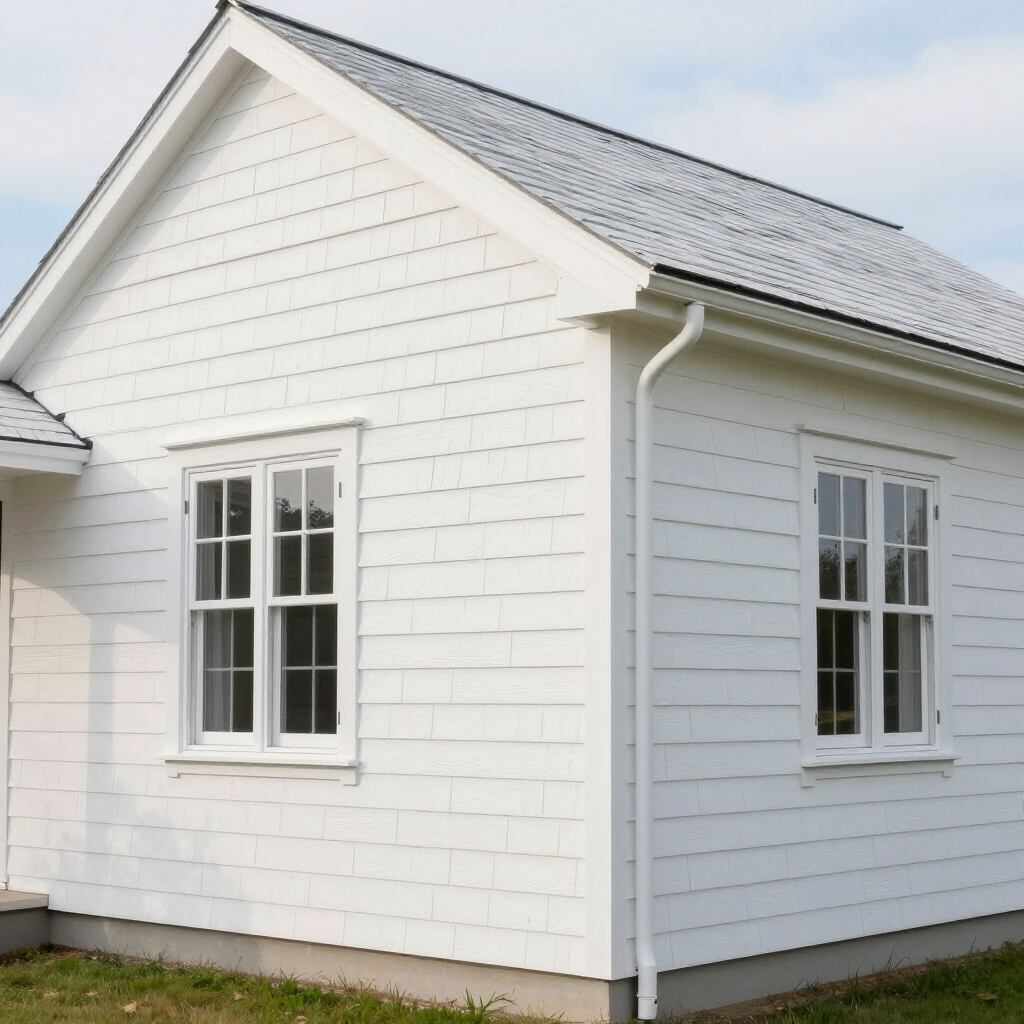 A small white cottage with a gabled roof, horizontal siding, and two white-framed windows against a blue sky.