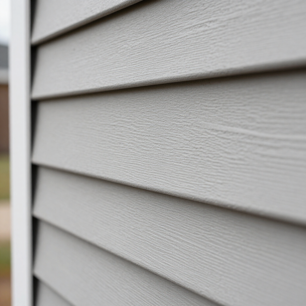 Close-up of light gray horizontal vinyl siding with a textured woodgrain pattern on the exterior of a building.