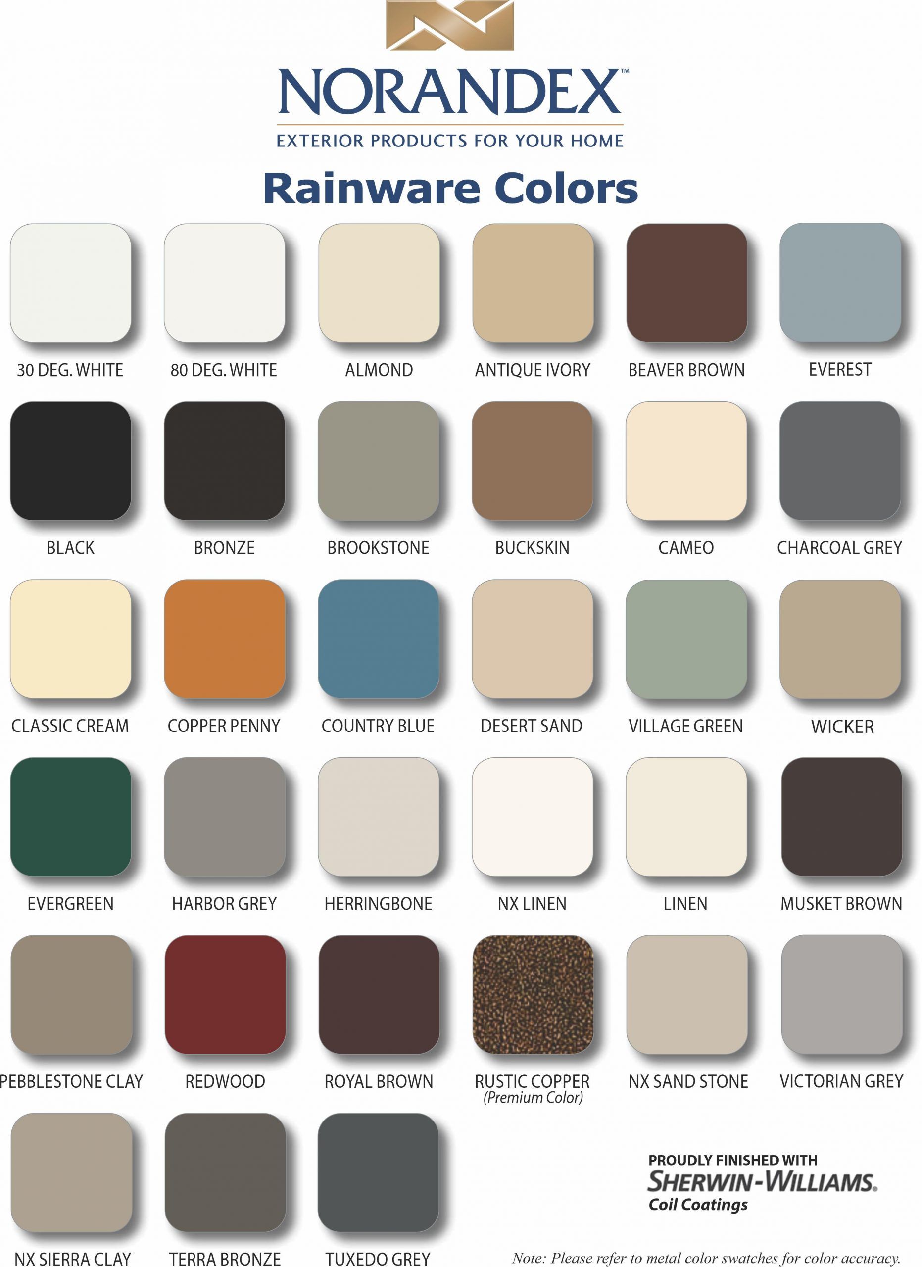 A grid of Norandex rainware color samples, arranged in rows and labeled with their respective color names.