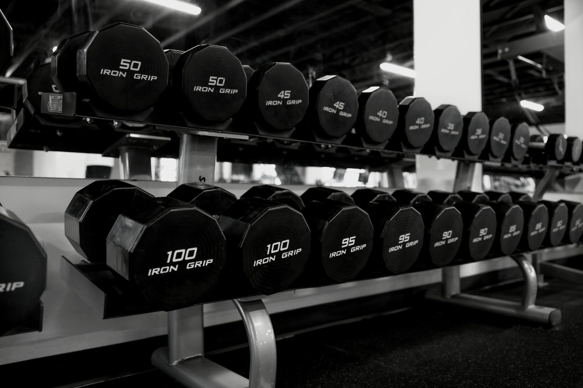 Dumbbell rack at FitClub in Salem, Utah, for strength and weightlifting training.