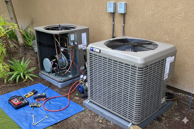 Two outdoor air conditioning units, one open with tools laid out on a blue tarp beside it.