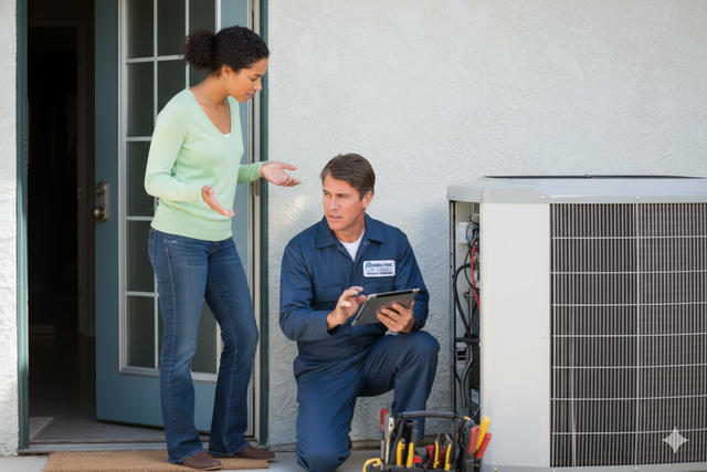 Woman gestures toward AC unit as technician examines it with a tablet.