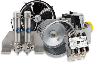 Assorted industrial HVAC components, including a fan, blower, and electrical relay.