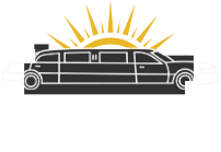 A black limousine with a sun behind it on a white background.