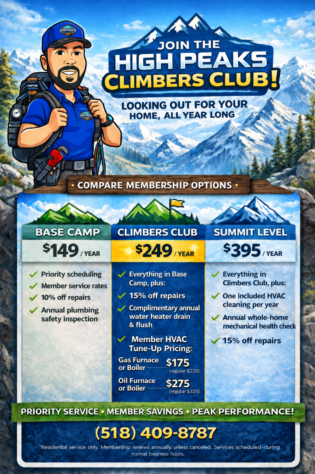 High Peaks Climbers Club membership ad with hiker mascot, mountain backdrop, and three pricing tiers.