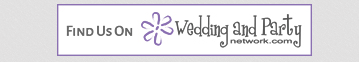 Banner ad for Wedding and Party Network with purple flower logo and “Find Us On” text