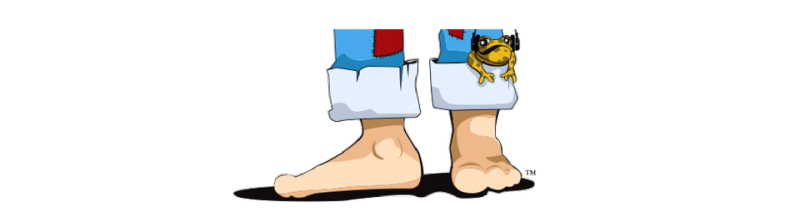 Cartoon of feet in blue shorts with red, white, and yellow patches, standing on a white background