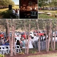Outdoor wedding reception under trees, with white chairs, guests standing, and a rustic tent in the background