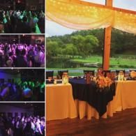Event tent with yellow drapes, banquet tables, and a view of a green lawn; inset photos 