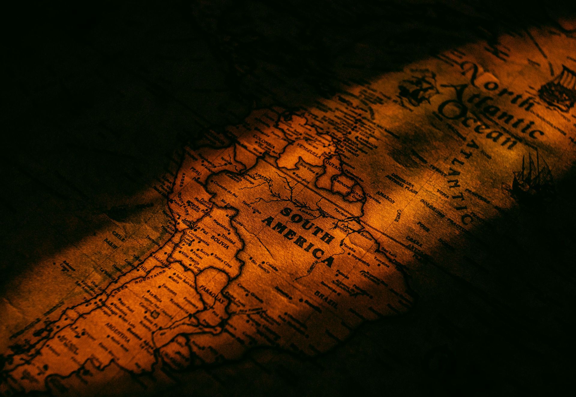 A close up of a map of south america