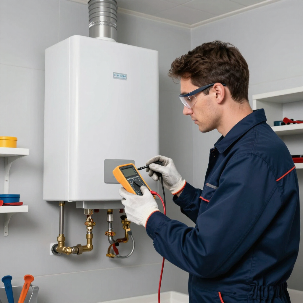Technician testing a wall-mounted boiler with a digital multimeter in a utility room